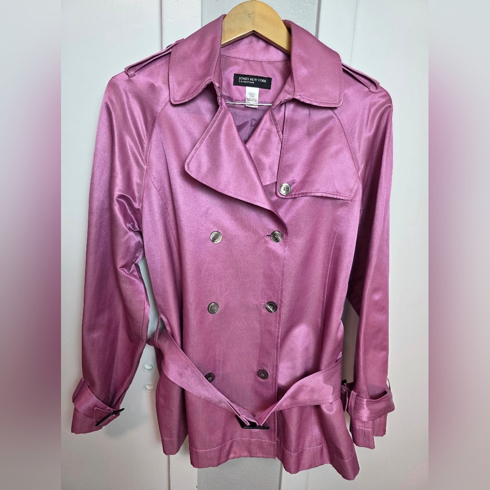 Jones New York Collection Pink Silk Blend Double Breasted Belted Trench Coat L - Picture 2 of 12